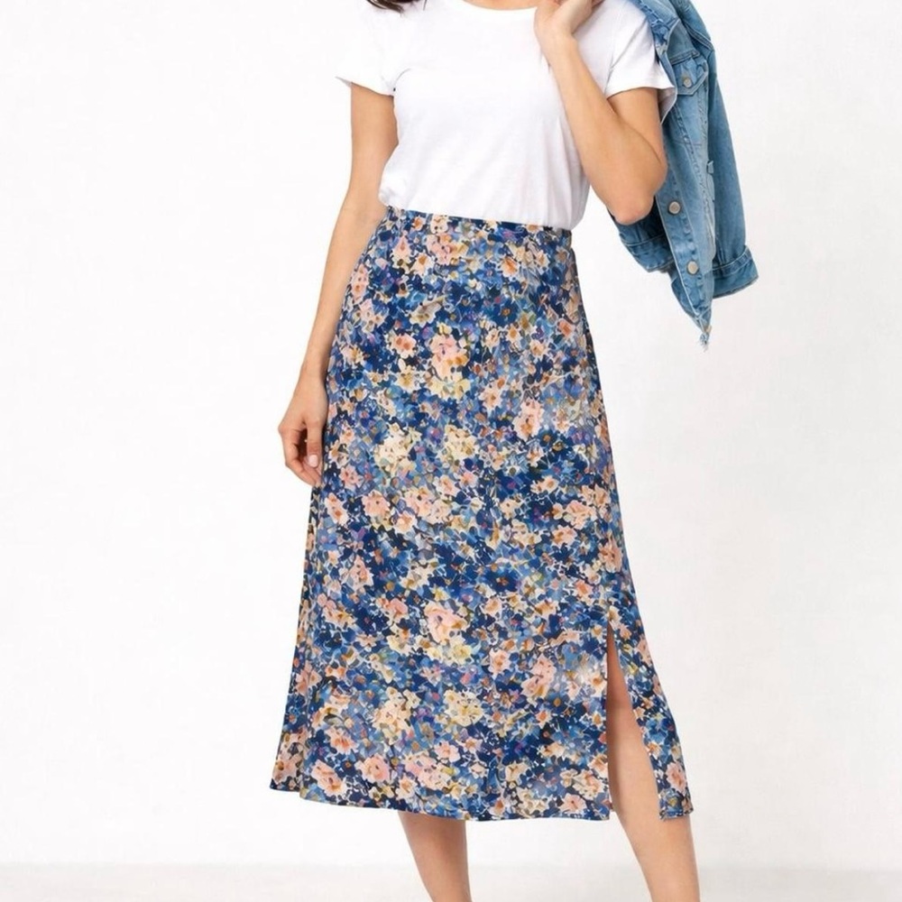 LOFT Blue Floral Midi Silk Skirt NWT